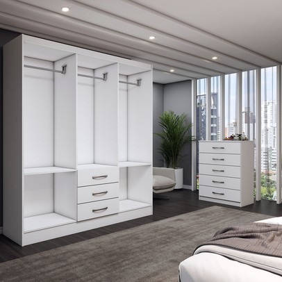 Guarda-Roupa Casal Emma 6 Portas 3 Gavetas e Espelho com Cômoda 5 Gavetas Branco - Panorama Móveis