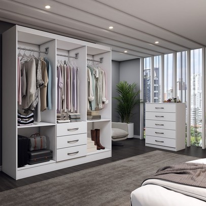 Guarda-Roupa Casal Emma 6 Portas 3 Gavetas e Espelho com Cômoda 5 Gavetas Branco - Panorama Móveis