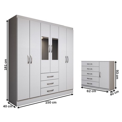 Guarda-Roupa Casal Ariana 6 Portas 3 Gavetas e Espelho com Cômoda 1 Porta 5 Gavetas Branco - Panorama Móveis