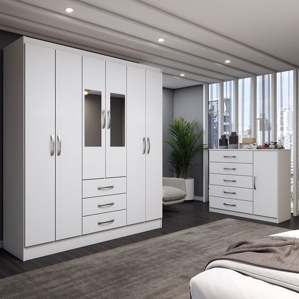 Guarda-Roupa Casal Ariana 6 Portas 3 Gavetas e Espelho com Cômoda 1 Porta 5 Gavetas Branco - Panorama Móveis