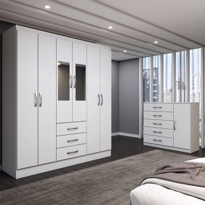 Guarda-Roupa Casal Ariana 6 Portas 3 Gavetas e Espelho com Cômoda 1 Porta 5 Gavetas Branco - Panorama Móveis