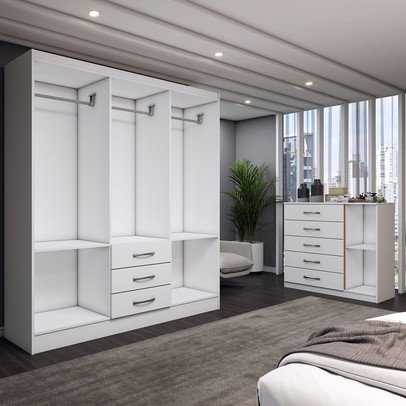 Guarda-Roupa Casal Ariana 6 Portas 3 Gavetas e Espelho com Cômoda 1 Porta 5 Gavetas Branco - Panorama Móveis