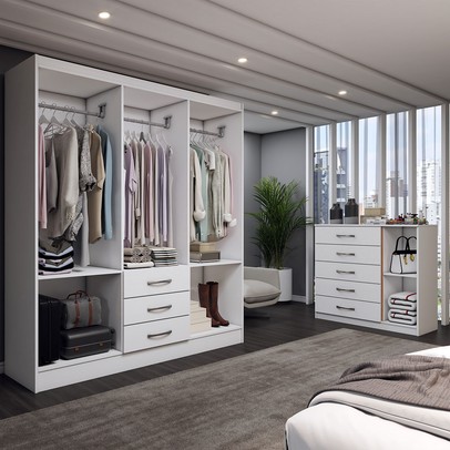 Guarda-Roupa Casal Ariana 6 Portas 3 Gavetas e Espelho com Cômoda 1 Porta 5 Gavetas Branco - Panorama Móveis
