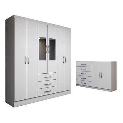 Guarda-Roupa Casal Zoey 6 Portas 3 Gavetas e Espelho com Cômoda 2 Portas 5 Gavetas Branco - Panorama Móveis