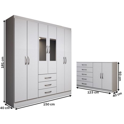 Guarda-Roupa Casal Zoey 6 Portas 3 Gavetas e Espelho com Cômoda 2 Portas 5 Gavetas Branco - Panorama Móveis