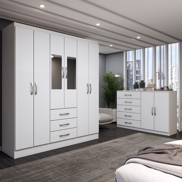 Guarda-Roupa Casal Zoey 6 Portas 3 Gavetas e Espelho com Cômoda 2 Portas 5 Gavetas Branco - Panorama Móveis
