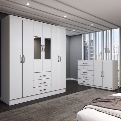 Guarda-Roupa Casal Zoey 6 Portas 3 Gavetas e Espelho com Cômoda 2 Portas 5 Gavetas Branco - Panorama Móveis