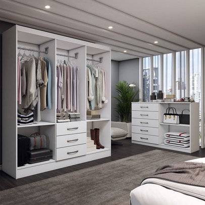 Guarda-Roupa Casal Zoey 6 Portas 3 Gavetas e Espelho com Cômoda 2 Portas 5 Gavetas Branco - Panorama Móveis