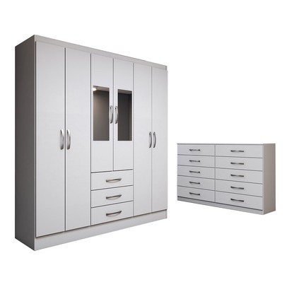 Guarda-Roupa Casal Caroline 6 Portas 3 Gavetas e Espelho com Cômoda 10 Gavetas Branco - Panorama Móveis