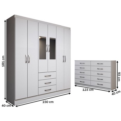 Guarda-Roupa Casal Caroline 6 Portas 3 Gavetas e Espelho com Cômoda 10 Gavetas Branco - Panorama Móveis