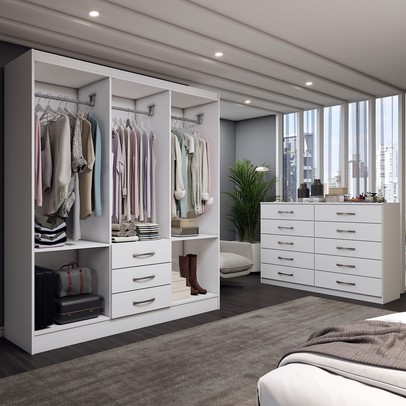 Guarda-Roupa Casal Caroline 6 Portas 3 Gavetas e Espelho com Cômoda 10 Gavetas Branco - Panorama Móveis