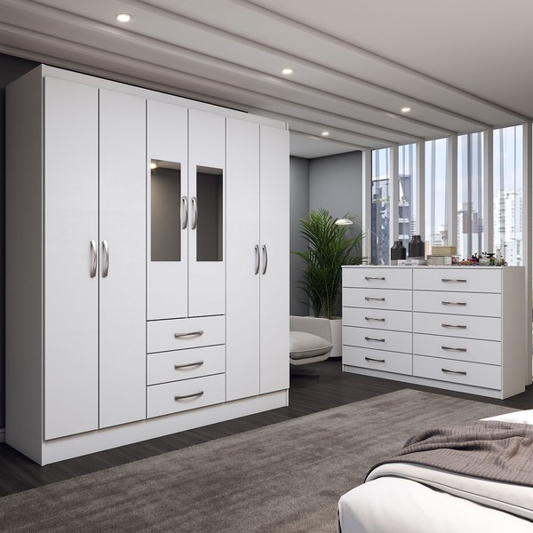 Guarda-Roupa Casal Caroline 6 Portas 3 Gavetas e Espelho com Cômoda 10 Gavetas Branco - Panorama Móveis