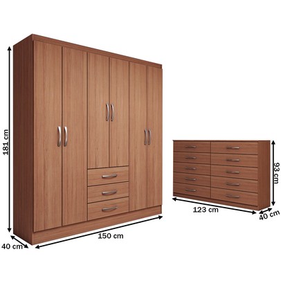 Guarda-Roupa Casal Sky 6 Portas 3 Gavetas com Cômoda 10 Gavetas Cinamomo - Panorama Móveis