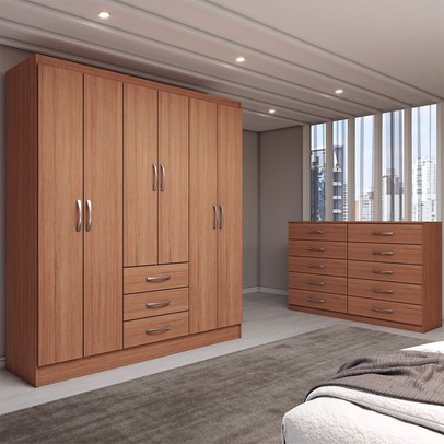 Guarda-Roupa Casal Sky 6 Portas 3 Gavetas com Cômoda 10 Gavetas Cinamomo - Panorama Móveis