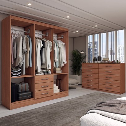 Guarda-Roupa Casal Sky 6 Portas 3 Gavetas com Cômoda 10 Gavetas Cinamomo - Panorama Móveis