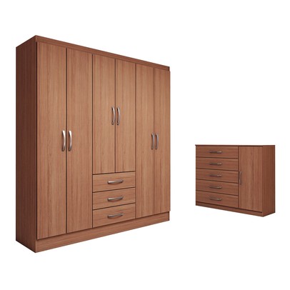 Guarda-Roupa Casal Eliza 6 Portas 3 Gavetas com Cômoda 1 Porta 5 Gavetas Cinamomo - Panorama Móveis