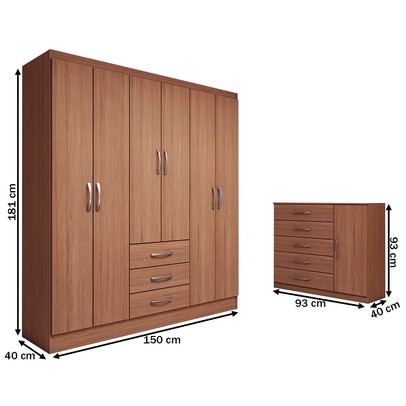 Guarda-Roupa Casal Eliza 6 Portas 3 Gavetas com Cômoda 1 Porta 5 Gavetas Cinamomo - Panorama Móveis