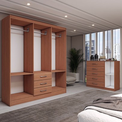 Guarda-Roupa Casal Eliza 6 Portas 3 Gavetas com Cômoda 1 Porta 5 Gavetas Cinamomo - Panorama Móveis