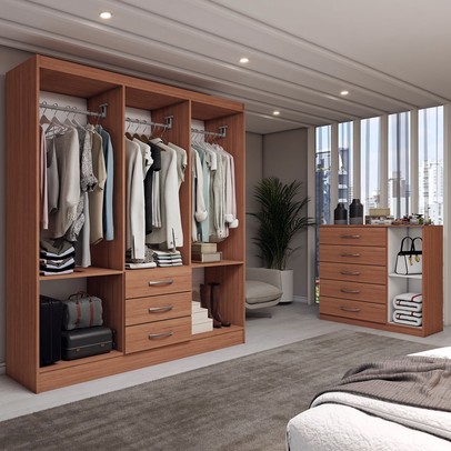 Guarda-Roupa Casal Eliza 6 Portas 3 Gavetas com Cômoda 1 Porta 5 Gavetas Cinamomo - Panorama Móveis