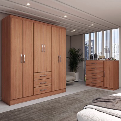 Guarda-Roupa Casal Eliza 6 Portas 3 Gavetas com Cômoda 1 Porta 5 Gavetas Cinamomo - Panorama Móveis