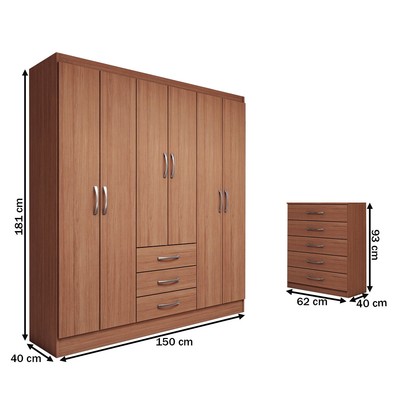 Guarda-Roupa Casal Rose 6 Portas 3 Gavetas com Cômoda 5 Gavetas Cinamomo - Panorama Móveis