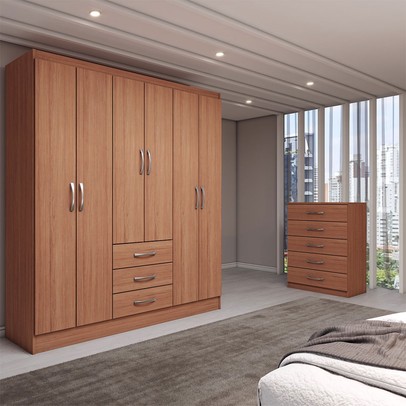 Guarda-Roupa Casal Rose 6 Portas 3 Gavetas com Cômoda 5 Gavetas Cinamomo - Panorama Móveis