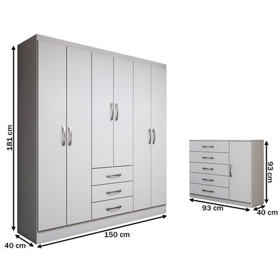 Guarda-Roupa Casal Madeline 6 Portas 3 Gavetas com Cômoda 1 Porta 5 Gavetas Branco - Panorama Móveis