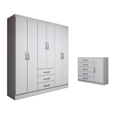 Guarda-Roupa Casal Madeline 6 Portas 3 Gavetas com Cômoda 1 Porta 5 Gavetas Branco - Panorama Móveis