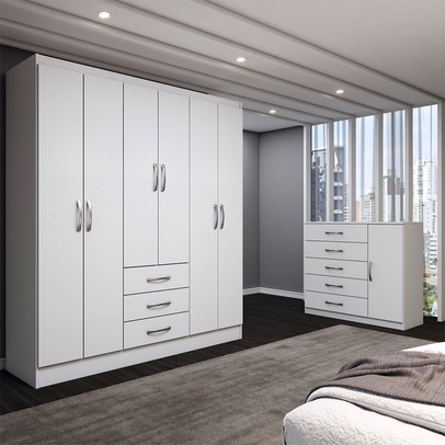 Guarda-Roupa Casal Madeline 6 Portas 3 Gavetas com Cômoda 1 Porta 5 Gavetas Branco - Panorama Móveis