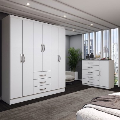 Guarda-Roupa Casal Madeline 6 Portas 3 Gavetas com Cômoda 1 Porta 5 Gavetas Branco - Panorama Móveis