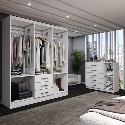 Guarda-Roupa Casal Madeline 6 Portas 3 Gavetas com Cômoda 1 Porta 5 Gavetas Branco - Panorama Móveis
