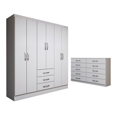 Guarda-Roupa Casal Lydia 6 Portas 3 Gavetas com Cômoda 10 Gavetas Branco - Panorama Móveis