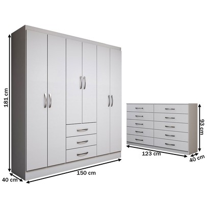 Guarda-Roupa Casal Lydia 6 Portas 3 Gavetas com Cômoda 10 Gavetas Branco - Panorama Móveis