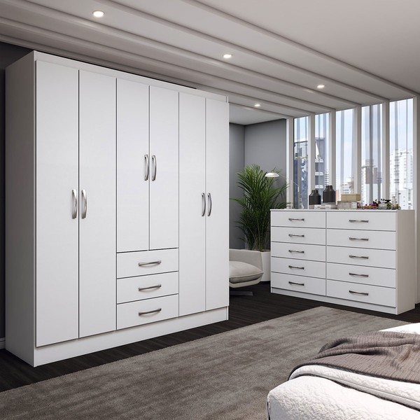 Guarda-Roupa Casal Lydia 6 Portas 3 Gavetas com Cômoda 10 Gavetas Branco - Panorama Móveis