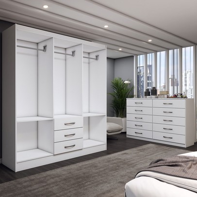 Guarda-Roupa Casal Lydia 6 Portas 3 Gavetas com Cômoda 10 Gavetas Branco - Panorama Móveis