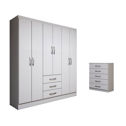 Guarda-Roupa Casal Simon 6 Portas 3 Gavetas com Cômoda 5 Gavetas Branco - Panorama Móveis
