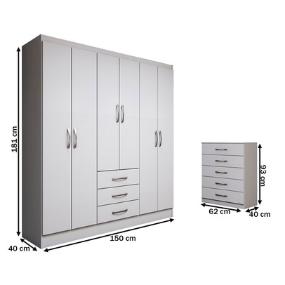 Guarda-Roupa Casal Simon 6 Portas 3 Gavetas com Cômoda 5 Gavetas Branco - Panorama Móveis