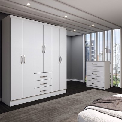 Guarda-Roupa Casal Simon 6 Portas 3 Gavetas com Cômoda 5 Gavetas Branco - Panorama Móveis