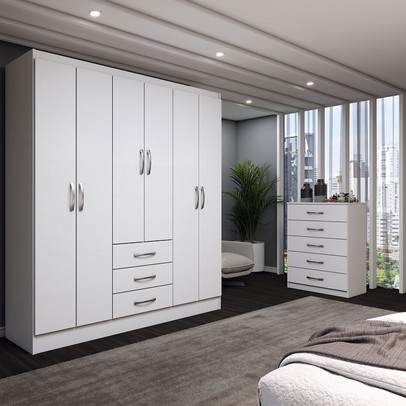 Guarda-Roupa Casal Simon 6 Portas 3 Gavetas com Cômoda 5 Gavetas Branco - Panorama Móveis
