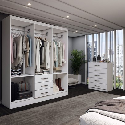 Guarda-Roupa Casal Simon 6 Portas 3 Gavetas com Cômoda 5 Gavetas Branco - Panorama Móveis