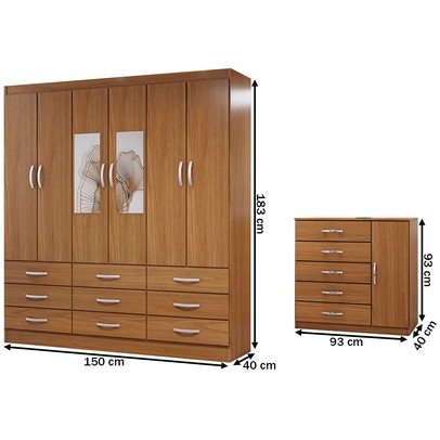 Guarda-Roupa Casal Tyler 6 Portas 9 Gavetas e Espelho com Cômoda 1 Porta 5 Gavetas Cinamomo - Panorama Móveis