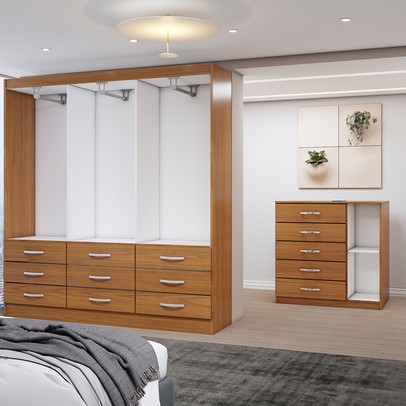 Guarda-Roupa Casal Tyler 6 Portas 9 Gavetas e Espelho com Cômoda 1 Porta 5 Gavetas Cinamomo - Panorama Móveis