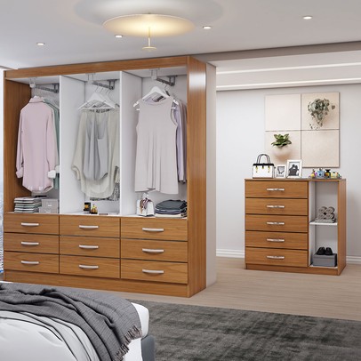 Guarda-Roupa Casal Tyler 6 Portas 9 Gavetas e Espelho com Cômoda 1 Porta 5 Gavetas Cinamomo - Panorama Móveis