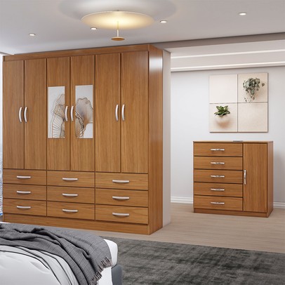 Guarda-Roupa Casal Tyler 6 Portas 9 Gavetas e Espelho com Cômoda 1 Porta 5 Gavetas Cinamomo - Panorama Móveis