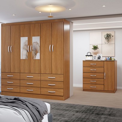 Guarda-Roupa Casal Tyler 6 Portas 9 Gavetas e Espelho com Cômoda 1 Porta 5 Gavetas Cinamomo - Panorama Móveis