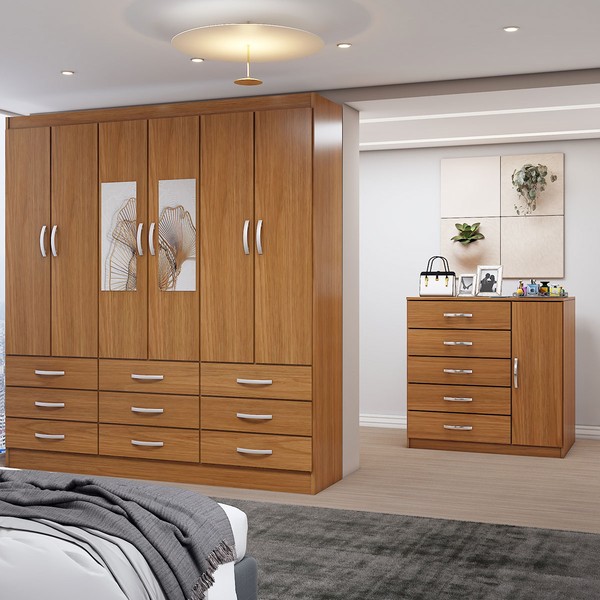 Guarda-Roupa Casal Tyler 6 Portas 9 Gavetas e Espelho com Cômoda 1 Porta 5 Gavetas Cinamomo - Panorama Móveis