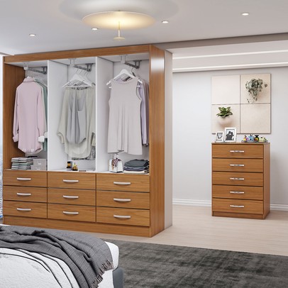 Guarda-Roupa Casal Vivian 6 Potas 9 Gavetas e Espelho com Cômoda 5 Gavetas Cinamomo - Panorama Móveis