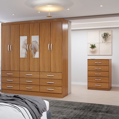 Guarda-Roupa Casal Vivian 6 Potas 9 Gavetas e Espelho com Cômoda 5 Gavetas Cinamomo - Panorama Móveis