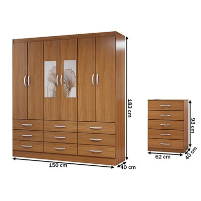 Guarda-Roupa Casal Vivian 6 Potas 9 Gavetas e Espelho com Cômoda 5 Gavetas Cinamomo - Panorama Móveis