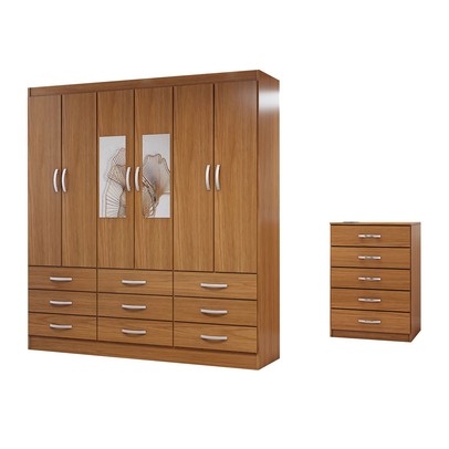 Guarda-Roupa Casal Vivian 6 Potas 9 Gavetas e Espelho com Cômoda 5 Gavetas Cinamomo - Panorama Móveis